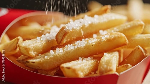 Deliciously seasoned french fries being salted in a red carton, close-up shot of savory potato snacks