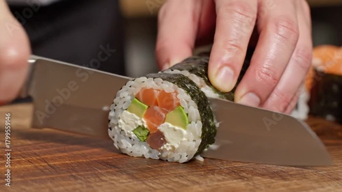 Professional chef using a sharp knife to slice a fresh Japanese maki sushi roll with salmon, avocado, and cream cheese on a wooden board