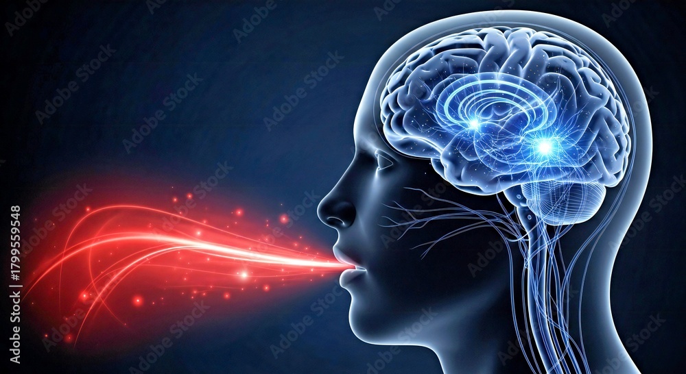Obraz premium Human Head Brain Profile with Glowing Neural Pathways to the Mouth
