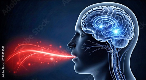 Human Head Brain Profile with Glowing Neural Pathways to the Mouth