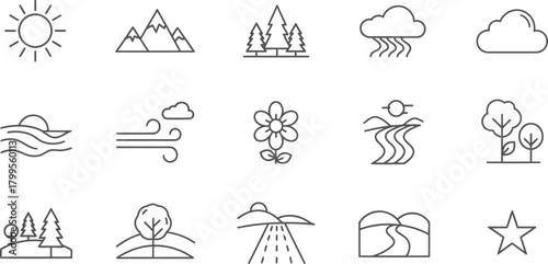 Outline Nature Elements Vector Icons Set