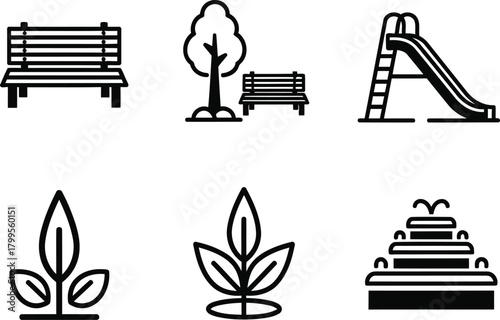 Public Park Recreation and Nature Elements Icons