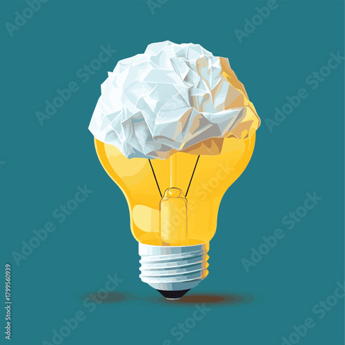 Brainstorming involves using unconventional objects like a crumpled paper ball or a light bulb to think outside the box in business competitions.   , vector style simple color