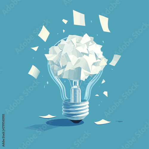 Brainstorming involves using unconventional objects like a crumpled paper ball or a light bulb to think outside the box in business competitions.   , vector style simple color