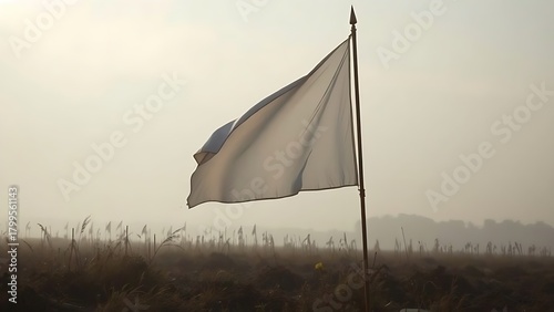 sonnet. A white flag lowered on a historic battlefield at dawn, muted colors and soft light. event programs, museum guides, designed for cultural heritage projects and event programs.