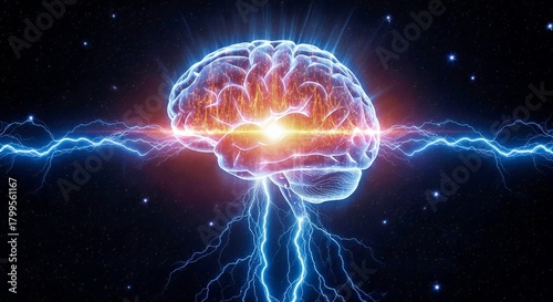 Human Brain Glowing with Vibrant Orange and Blue Electric Energy