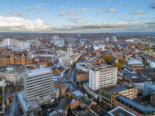 Aerial view of downtown district of Nottingham, England. Nottingham is a city and unitary authority area in Nottinghamshire, East Midlands. 