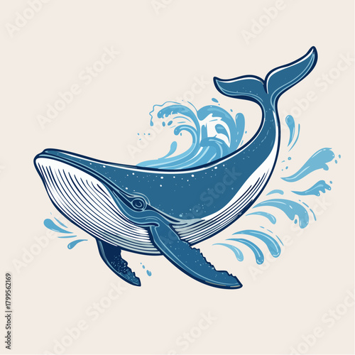 Blue whale breaching in ocean wave