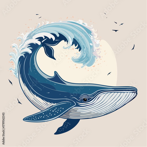 Blue whale swimming in a swirling ocean wave
