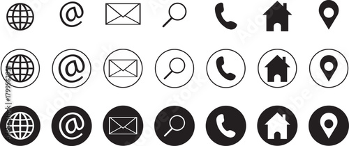 Website set icon vector. for computer and mobile Contact icon set. Thin line Contact icons set. Contact symbols - Phone, mail, fax, info, e-mail, home, design