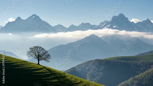 Image is a landscape photograph featuring a serene and expansive view of a mountainous region. In the foreground, a solitary, leafless tree stands on a gently sloping grassy hill, adding a sense of sc