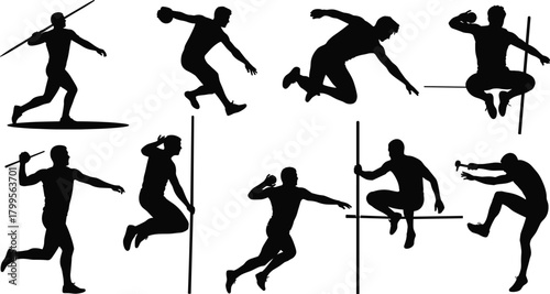 Silhouettes of athletes performing track and field events athletics sports