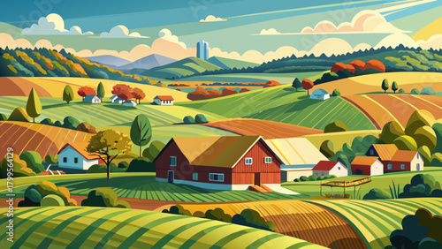 Very beautiful panoramic view of rural farmland in Sussex County, New Jersey, showcasing rolling fields, scattered barns, gentle hills, and peaceful countryside under clear natural daylight.