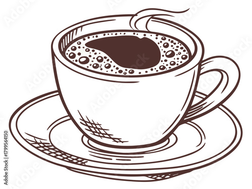 Cappuccino and breakfast, coffee in a beautiful mug, morning atmosphere, relaxation, time to relax, delicious coffee, coffee foam with pattern, Paris morning, Europe morning