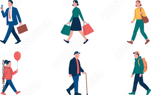 Businessman walking with briefcase, woman shopping with bags, young girl holding balloon, old man with cane, traveler backpacker, cad drawing flat vector illustration
