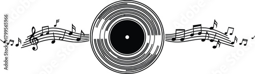 Stylized Vinyl Record with Flowing Music Notes