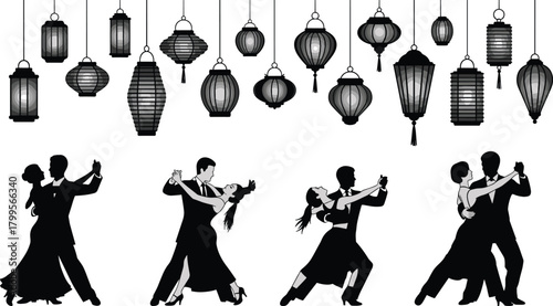 Silhouettes of couples dancing ballroom dance under hanging lanterns vector