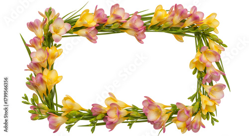Floral Frame with Yellow and Pink Freesia Flowers Elegant Border for Design Projects