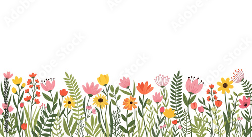 Vibrant Spring Floral Border Vector – Whimsical Flower and Leaf Illustration