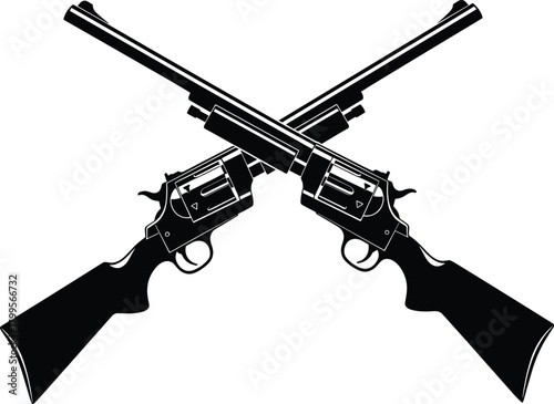 Vintage crossed revolvers silhouette vector, classic western firearms illustration, antique gun symbol, cowboy weapon design for retro wild west theme