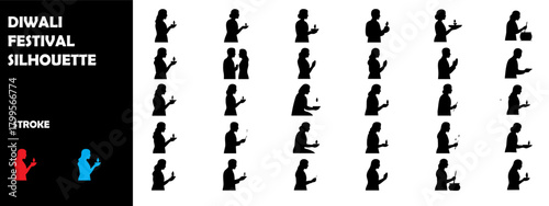 Diwali Festival Silhouette – Diya Lamps, Firecrackers, Indian Lights Celebration Vector Art