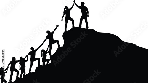 Silhouettes of people climbing a mountain and high-fiving on summit vector