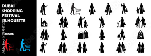Dubai Shopping Festival Silhouette – Retail Sale, Tourists, Travel Event, UAE Festival Vector