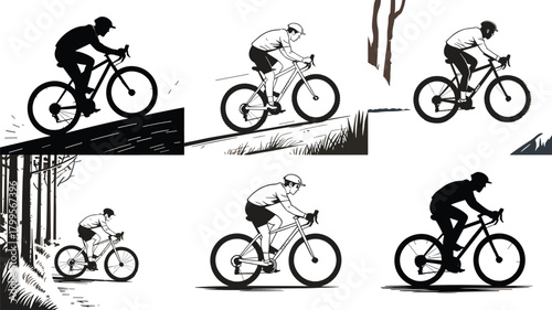 Mountain biking silhouette, cycling sport action, outdoor adventure rider, extreme bike downhill, cad drawing flat vector illustration, sport design