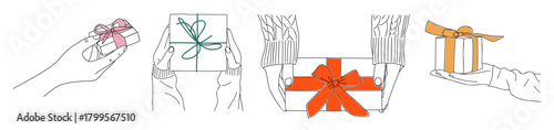 Minimalist line art illustration of hands holding gift boxes with colorful ribbons. Four simple continuous-line hand poses and geometric gift shapes isolated on transparent background.