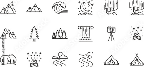 Nature and Outdoor Adventure Line Icons Set