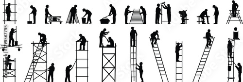 Construction workers on ladders scaffolding tools silhouette set, building site equipment illustration, industrial safety concept, cad drawing flat vector illustration