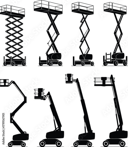 Construction scissor lift and boom lift equipment, aerial platform vehicle, heavy machinery design, industrial vector artwork, cad drawing flat vector illustration