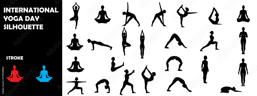 Naklejka premium International Yoga Day Silhouette Icon Set – Yoga Poses, Meditation & Wellness Vector