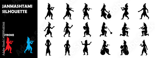 Janmashtami Silhouette Icon Set – Krishna Birth, Matki Phod & Hindu Festival Vector