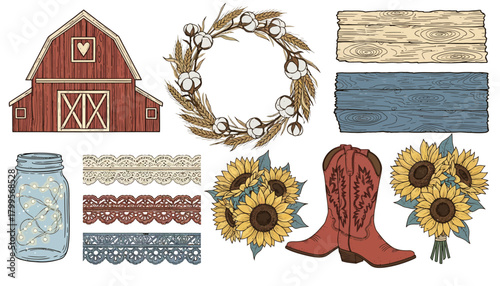 Rustic Farmhouse Wedding Vector Collection - Barn & Woodgrain Line Art Elements