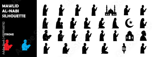 Mawlid Al-Nabi Silhouette Icon Set – Islamic Prophet Birthday Celebration Vector