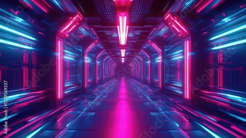 Fototapeta Naklejka Na Ścianę i Meble -  Futuristic neon metaverse tunnel with glowing lights