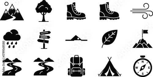 Outdoor Adventure Travel Hiking Icons Set