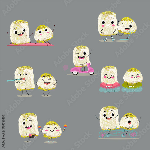 Funny Characters Turkish Halva confection, cubes with pistachio nut, layered chocolate tahini oriental dessert, hand drawn vector illustration.