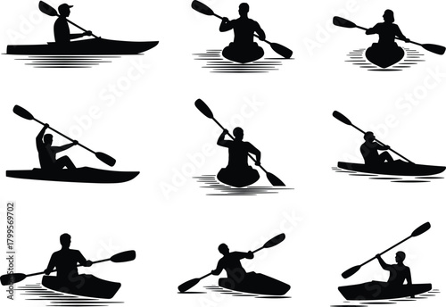 cad drawing flat vector illustration, kayak silhouette set, people paddling canoe, water sport activity, adventure travel design, isolated graphic art