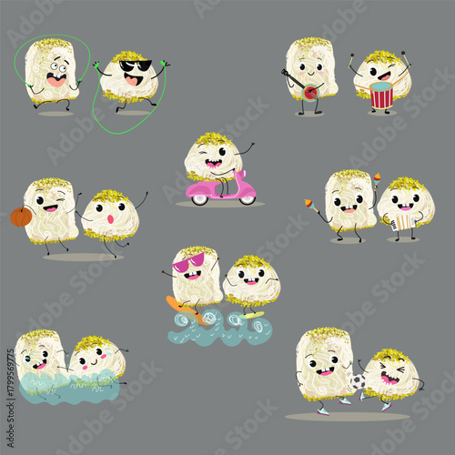 Funny Characters Turkish Halva confection, cubes with pistachio nut, layered chocolate tahini oriental dessert, hand drawn vector illustration.