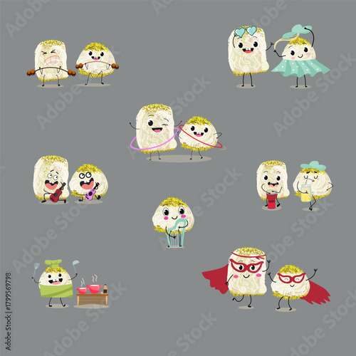 Funny Characters Turkish Halva confection, cubes with pistachio nut, layered chocolate tahini oriental dessert, hand drawn vector illustration.