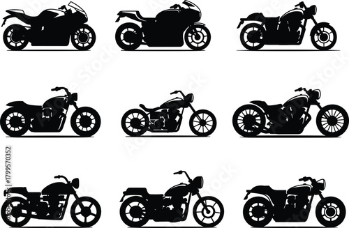 Motorcycle silhouette collection, various bike designs, sport, cruiser, chopper, vintage motorbike shapes, cad drawing flat vector illustration