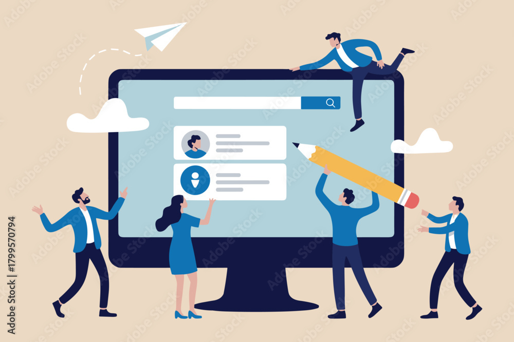 Fototapeta premium Team Editing Online Profile on Large Computer Screen. Business People Managing Digital Search and User Information.