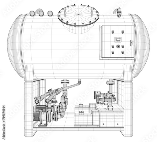 A 3D wireframe model of a large vacuum station tank with a prominent clock on top. The detailed mechanical assembly includes a control panel, valves, and various components.