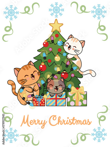Cute kittens with a Christmas tree, Christmas spirit for cards and banners. Vector illustration.