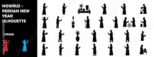 Nowruz Persian New Year Silhouette Icon Set – Traditional Culture, Fire Jump & Spring Festival Vector