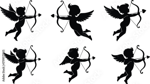 Vector illustration set of black ballet dancer silhouettes and flying birds design art
