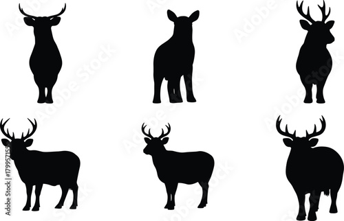 Six black silhouettes of deer and sheep on a white background animal wildlife