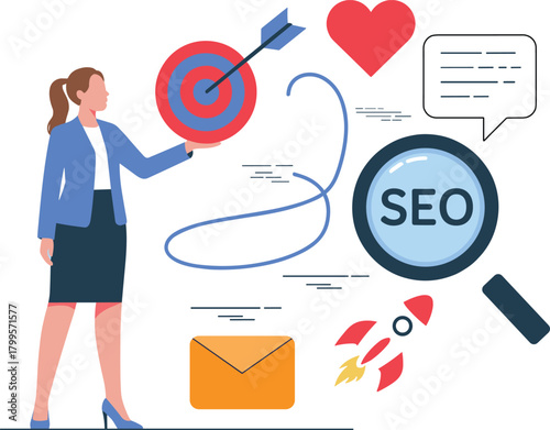 Digital Marketing Strategy Illustration with SEO and Target Icons. Businesswoman Analyzing SEO Goals and Online Marketing Elements.
